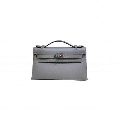 HERMÈS MASTER KELLY POCHETTE SWIFT CUMULONIMBUS GRAY SILVER BUCKLE (22*14*7cm) 
